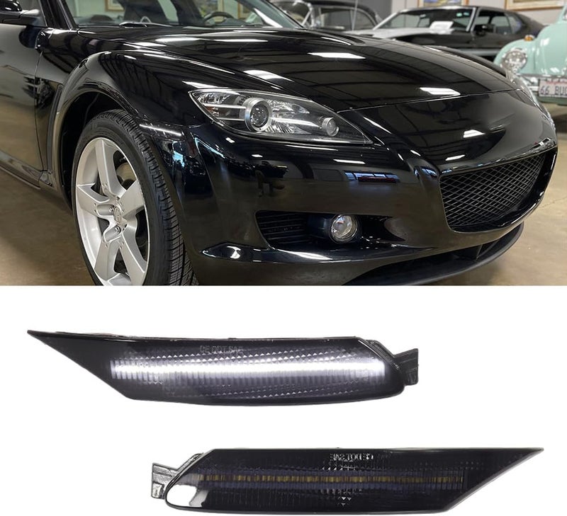 TurningMax For 2004 2005 2006 2007 2008 Mazda RX-8 RX8 Front Bumper Side Marker lights Smoked Lens White LED F151-51-120E, F151-51-130E - Image 1